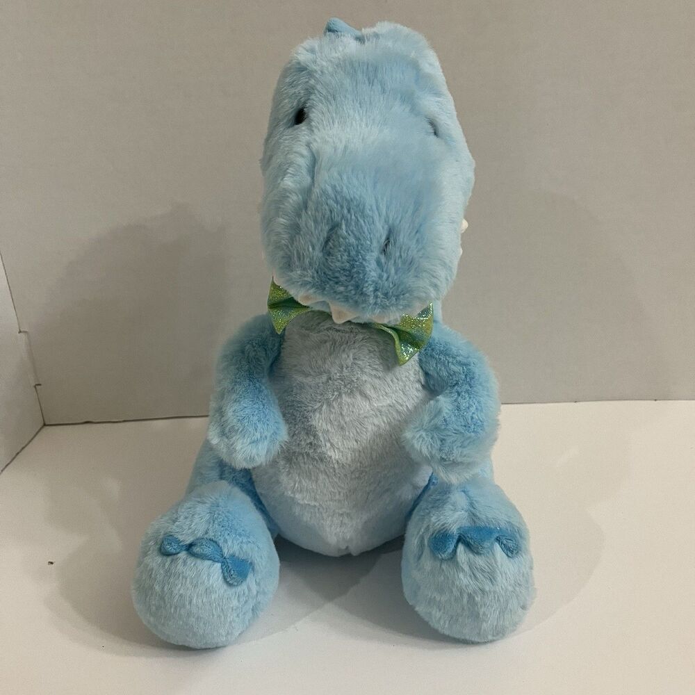 FAO Schwarz Blue Dinosaur T-Rex Plush Stuffed Animal Soft 12" Green Bow Tie